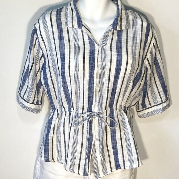 Unique Spectrum SZ L Cotton blue & white stripe gauzy button front top - Picture 1 of 7